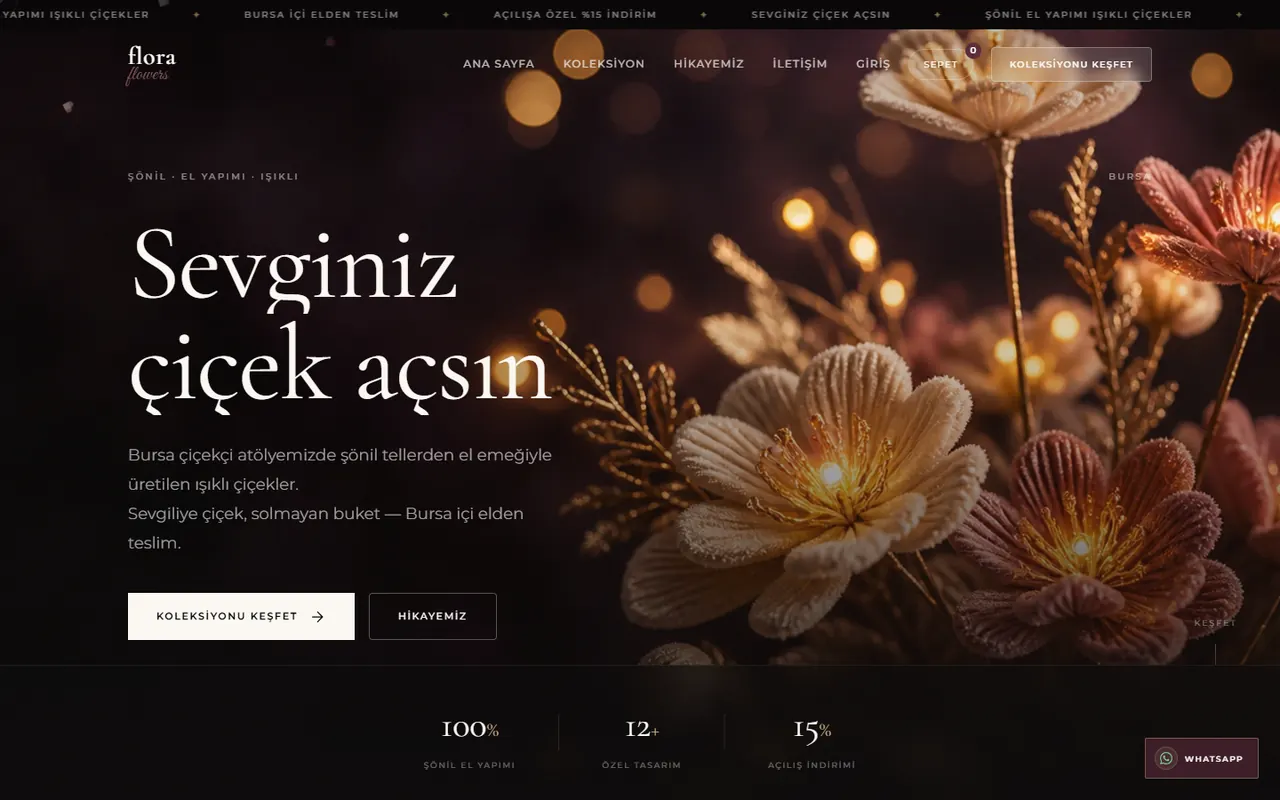 Flora Flowers Atelier e-ticaret sitesinin ana sayfası