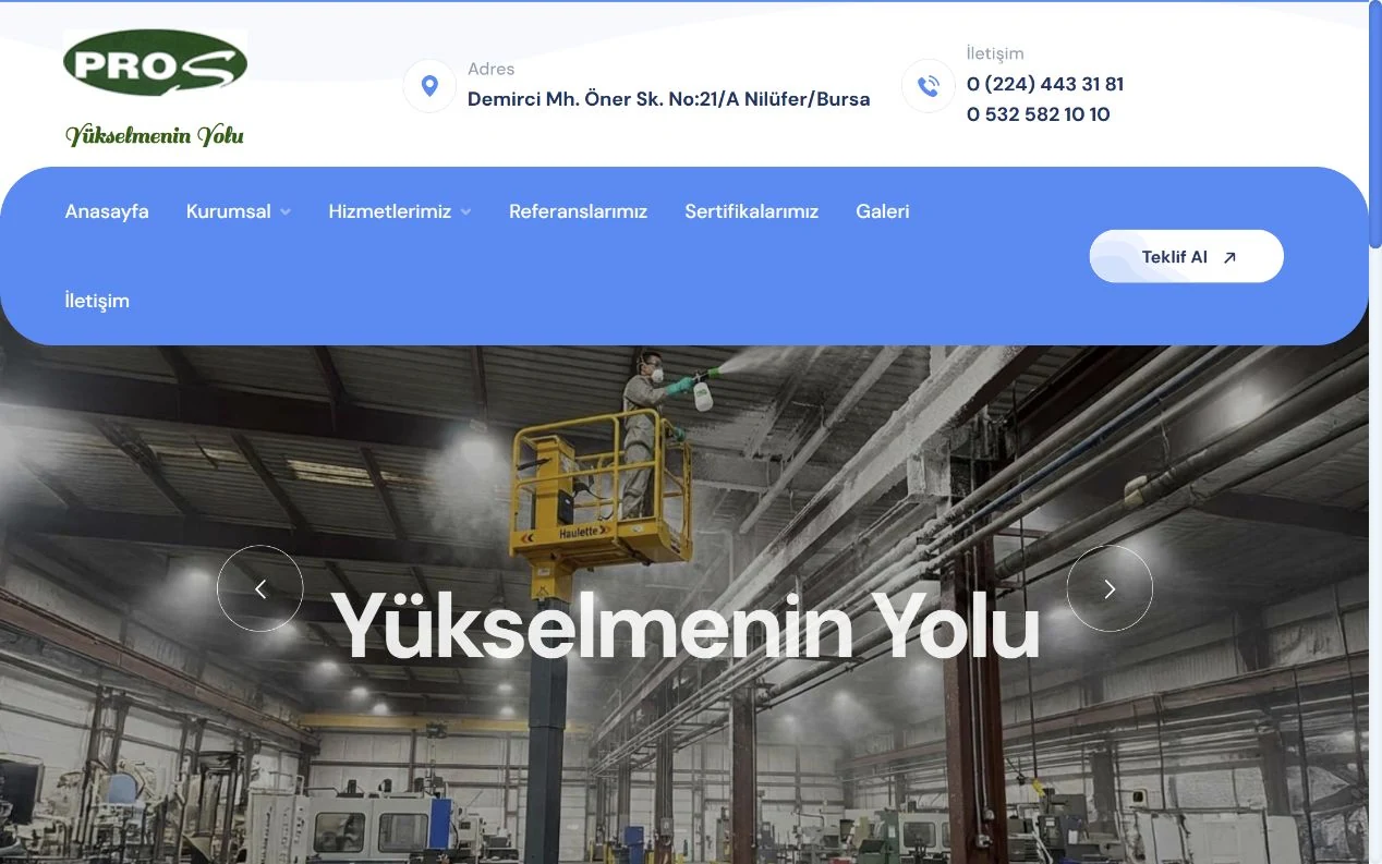 Pro-S web sitesinin ana sayfa görünümü